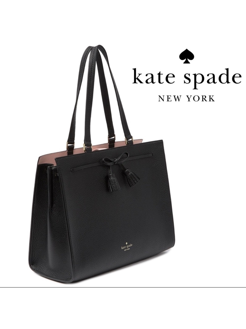 Kate Spade Hayes Leather Large Tote Bag Black With Pink Interior